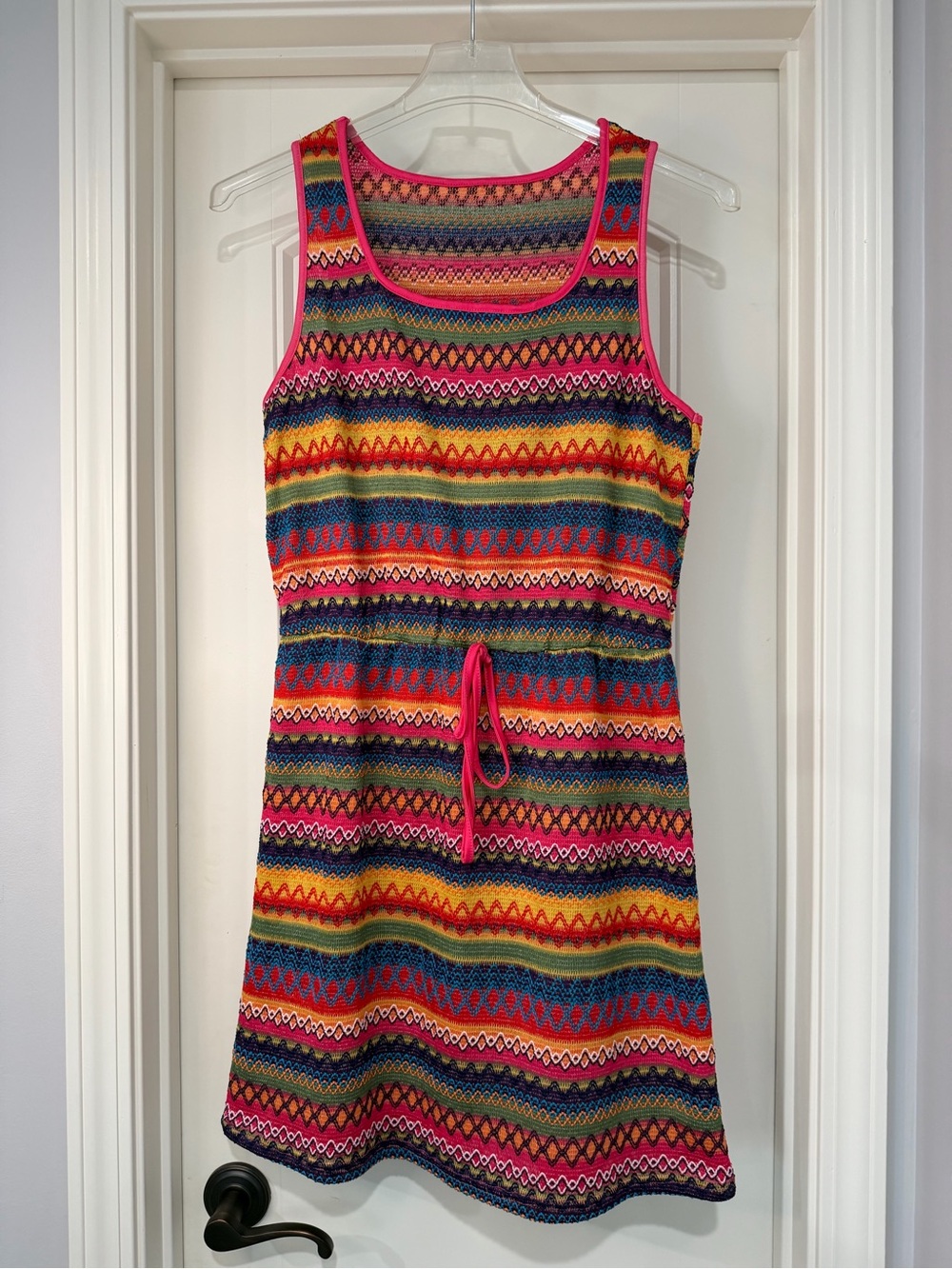 Bright Multi-Color Striped Knit Tank Dress with Pink Trim Size L